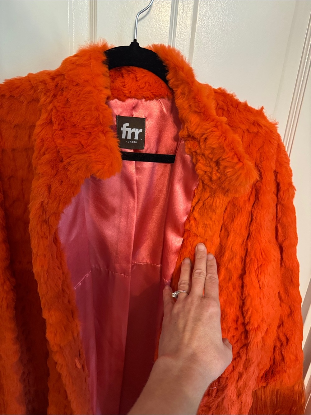 FRR Canada Orange Elin Rex Rabbit Fur Coat with Mongolian Trim and Cuffs
